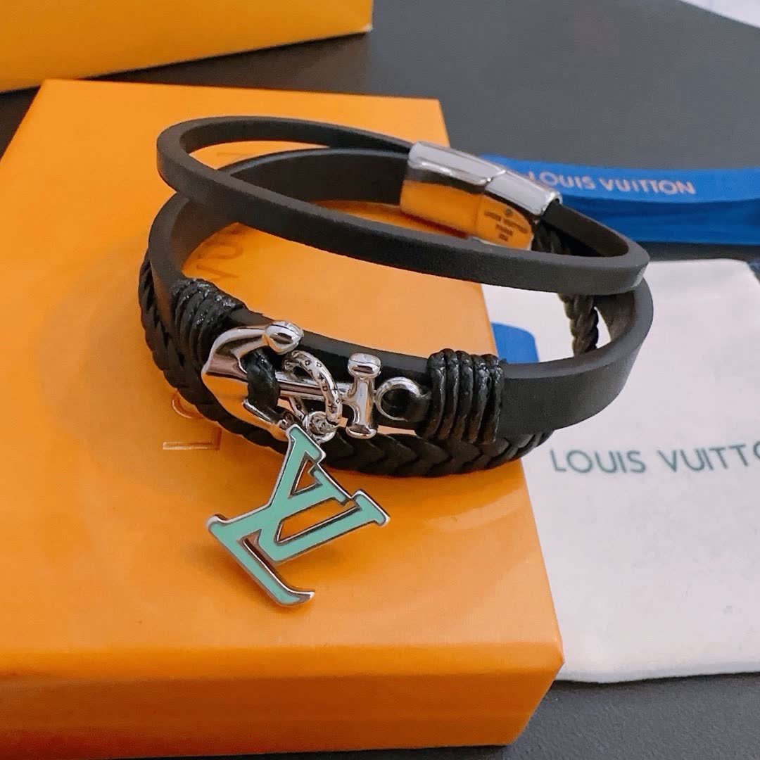 Louis Vuitton Leather Bracelet with Anchor and LV Logo